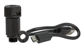 Close-up of USB rechargeable battery and brightness controls